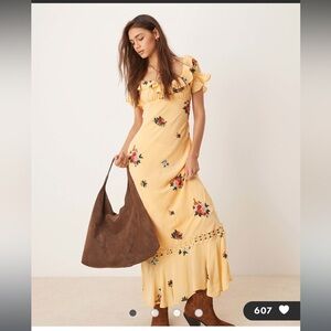 Free People Floral Embroidered Puff Sleeve Yellow Maxi Dress